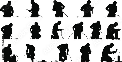 Silhouette electrician working with electrical cable, professional worker repairing wires, industrial technician installing power connection, electricity maintenance job illustration