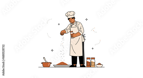 Chef Carefully Seasons A Dish, Adding Spices In Preparing Creative Cuisine, Simple Illustration