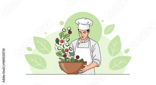 Chef Carefully Preparing A Colorful And Fresh Salad For A Delicious Culinary Creation