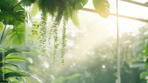 Green plants hanging down near a sunny window with soft light