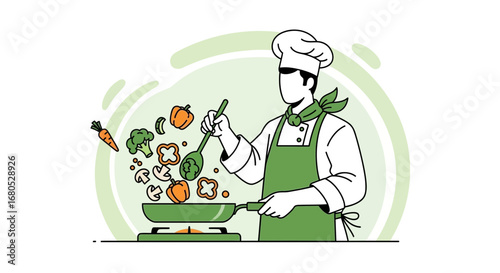 Chef Cooking Fresh Vegetables in a Pan, Healthy Food Preparation and Delicious Meal
