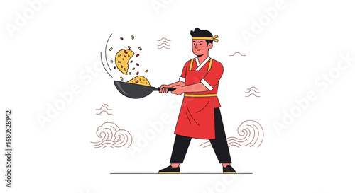 Chef Cooking Flavorful Fried Rice in A Wok Pan, Cuisine Illustration