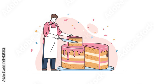 Chef Cutting Cake, Festive Illustration With Pink Icing and Confetti Celebration Moment