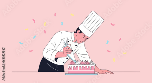 Chef Decorating Cake With Frosting For Celebration And Festive Moment
