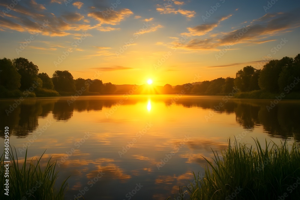 Obraz premium Golden Sunset Over Calm Lake with Tree Silhouettes and Cloud Reflections – Peaceful Evening Nature Landscape