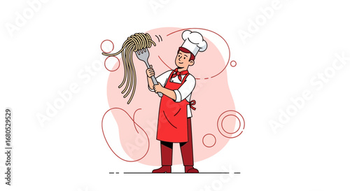 Chef Displays Forkful Of Spaghetti, Culinary Illustration For Restaurant Promotion and Design