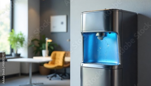 A modern office water cooler dispenser, sleek and metallic, dispensing refreshing, purified water Ideal for break rooms, offices, and commercial spaces , workplace, filtered water