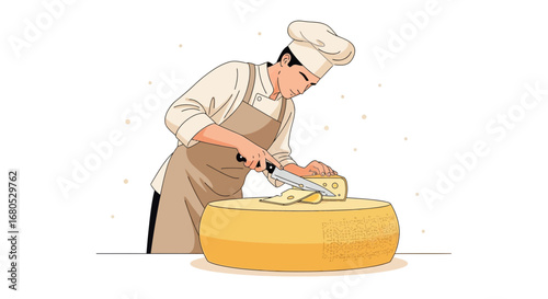 Chef Expertly Slicing Gouda Cheese Wheel For Culinary Creation And Food Presentation