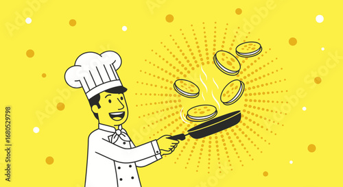 Chef Flipping Pancakes in a Delightful Cartoon Illustration for Culinary and Food-Related Themes