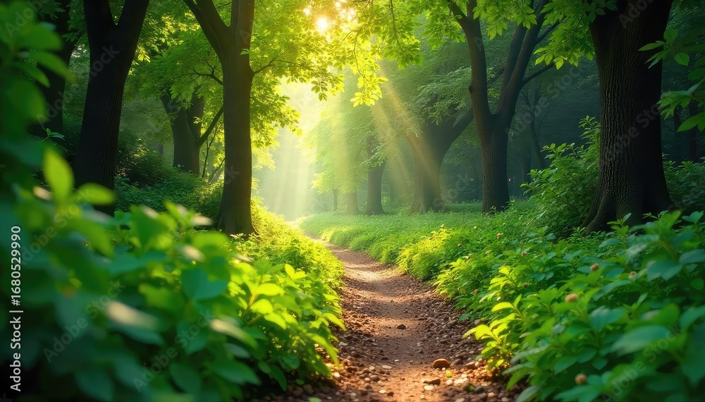 Naklejka premium A peaceful stroll through lush green foliage, sunlight dappling through leaves, creating a serene and tranquil atmosphere Perfect for nature, travel, and wellness themes , path, forest, serenity