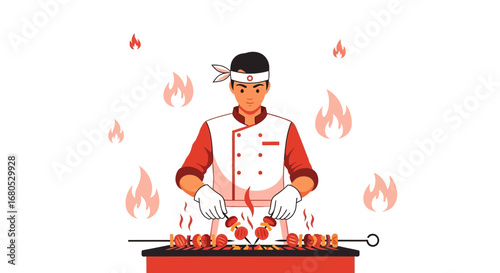 Chef Grilling Delicious Kebabs: A Culinary Illustration Of Barbecue Mastery