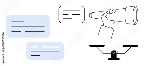 Hand with telescope scanning for clarity, speech bubbles for communication, and balance scale for fairness. Ideal for leadership, strategy, focus, justice, vision, analysis equality simple flat