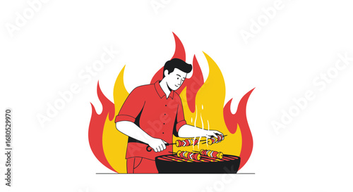 Chef Grilling Delicious Skewers, Illustration Featuring a Man at a BBQ, with a Nice design