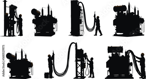 Silhouette electrician working with transformer, connecting power cables, utility maintenance, high voltage equipment repair, safety helmet, construction worker, energy distribution