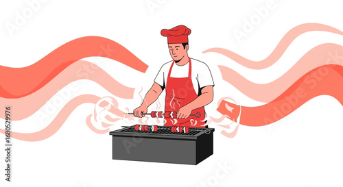 Chef Grilling Delicious Kebabs on a Barbecue with Artistic Smoke Trail