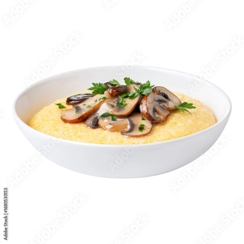 Creamy polenta topped with sauteed mushroom and fresh parsley in white bowl, comfort food, vegetarian meal, rustic style, isolated on transparency background