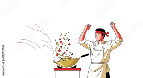 Chef Joyfully Tosses Food In Wok Preparation For Delicious Asian Cuisine Meal No Comma