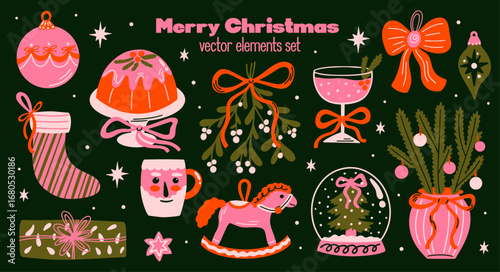Merry Christmas vector sticker set. Collection of retro groovy funky cartoon illustration of bauble, festive cocktail, ornament, snow ball, mistletoe, xmas santa gift holiday decor design elements