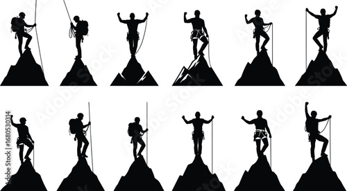 Mountain climber silhouettes standing on peaks, raising hands in victory, outdoor adventure, hiking success, extreme sport vector, mountaineering pose