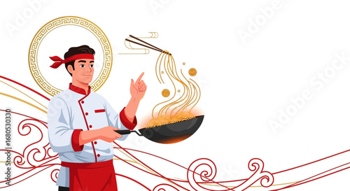 Chef Preparing Chinese Noodles Dish With Chopsticks and Oriental Design Background