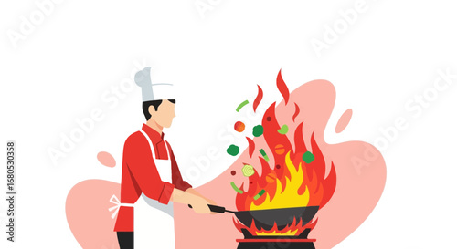 Chef Preparing Culinary Delights With Fire And Fresh Ingredients In A Dynamic Illustration