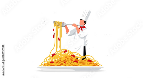 Chef Preparing Exquisite Spaghetti Dish and Presenting with Culinary Expertise