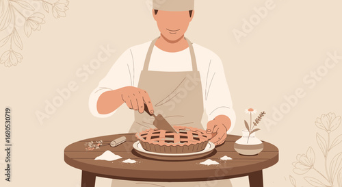 Chef Preparing Freshly Baked Pie On A Wooden Table Perfect For Culinary Content