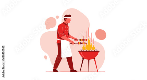 Chef Preparing Grilled Skewers At A Barbecue, Food Preparation Lifestyle