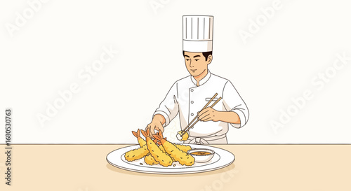 Chef Preparing Japanese Tempura Dish With Sauce, Food Illustration, Culinary Art