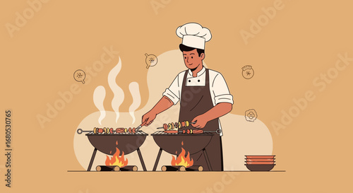 Chef Preparing Grilled Skewers on a Barbecue, Cooking Food Outdoors, Illustration