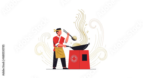 Chef Preparing Noodles In A Wok: Culinary Art and Fresh Meal Preparation Illustration