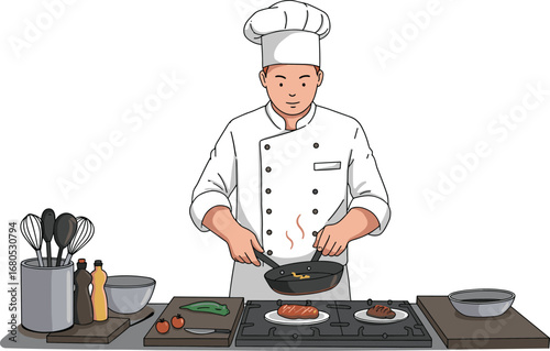 Cartoon Chef Cooking Food on Stove Vector Illustration – Professional Cook Preparing Meals with Utensils and Ingredients in Kitchen Scene