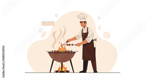 Chef Preparing Skewers Over a Glowing BBQ Grill, Cartoon Illustration With Warm Colors
