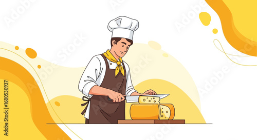 Chef Preparing Slices Of Cheese On a Wooden Board in Artistic Culinary Illustration