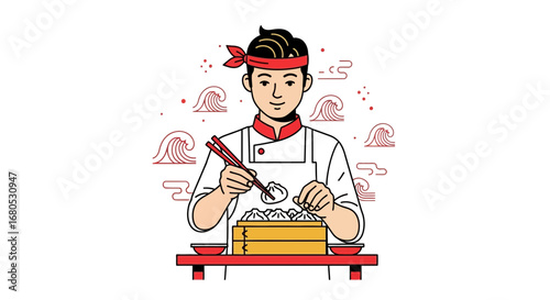 Chef Preparing Steamed Dumplings in a Minimalistic Style, Culinary Illustration