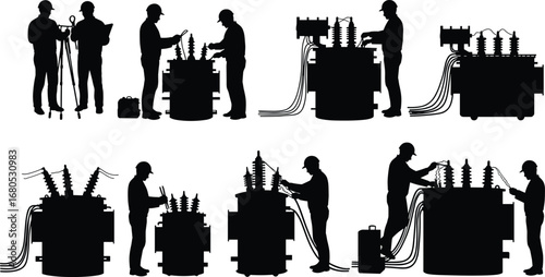 Silhouette electricians working on power transformer, electrical technicians maintenance, utility workers repairing high voltage equipment, safety service, energy engineer team