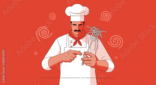Chef Presenting Pasta Dish on Red Background in Modern Style Culinary Vector Illustration