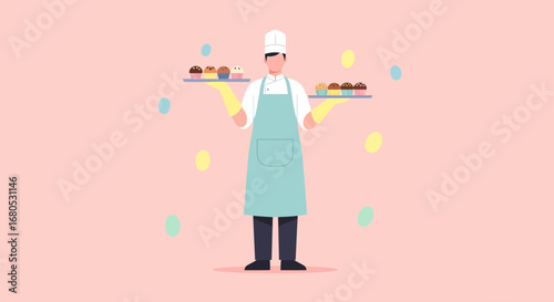 Chef Presents Variety Of Delicious Muffins And Cupcakes On Pastel Pink Background Illustration