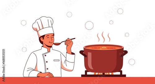 Chef Tasting Delicious Soup From Pot With Steam And Delightful Expressions