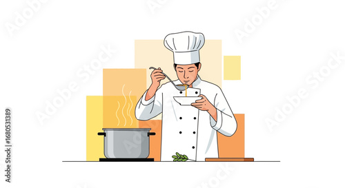 Chef Tasting Culinary Creation In White Uniform Overlooking a Delicious Recipe
