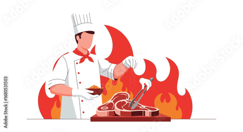 Chef's Culinary Operation Illustrated: Preparing Sizzling Grilled Steak for Gastronomic Enjoyment