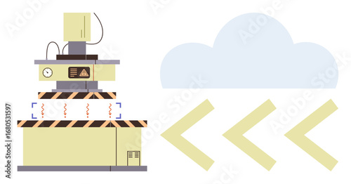 Factory machine emitting waves beside a cloud icon and data indicators. Ideal for automation, cloud technology, industry 4.0, IoT, data integration, innovation, simple flat metaphor