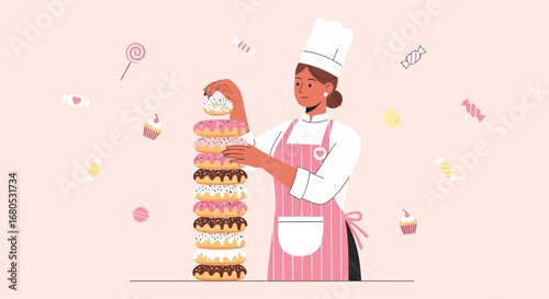 Confectionery Chef Adding a Decadent Donut atop a Delicious Tower of Sweet Treats