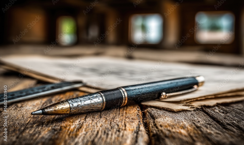 Naklejka premium Aged pen & paper on weathered wood