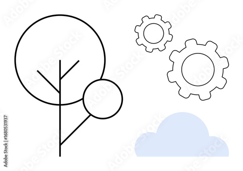 Abstract tree with thin branches, two outlined gears, and cloud graphic. Ideal for sustainability, innovation, collaboration, balance, environmental technology, eco-design simple landing page