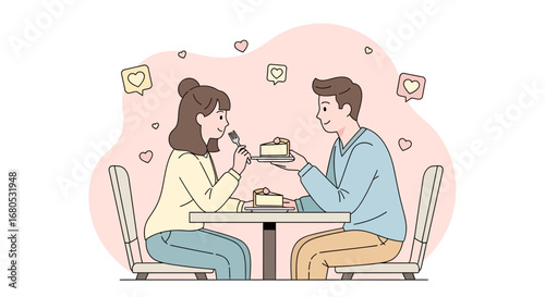 Couple Sharing And Enjoying Cake In A Cafe Setting Vector Illustration Depiction