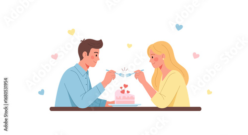 Couple Sharing Dessert, A Romantic Cake Moment Celebrating Togetherness, Cute Illustration