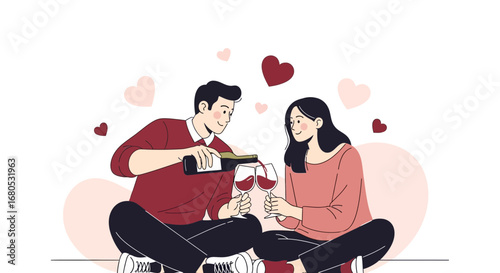 Couple Sharing Romantic Moment While Pouring Wine And Hearts Floating Around Them