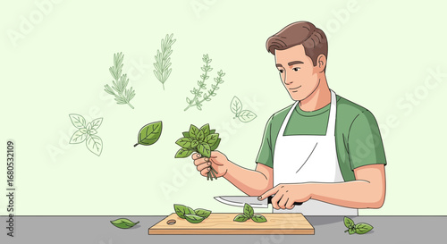 Culinary Artist Prepares Fresh Herbs for Gourmet Dishes in a Modern Kitchen