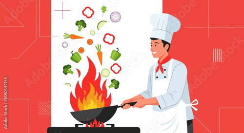 Culinary Artist Stirring Fresh Vegetables with Fire In a Wok Pan, Restaurant Kitchen